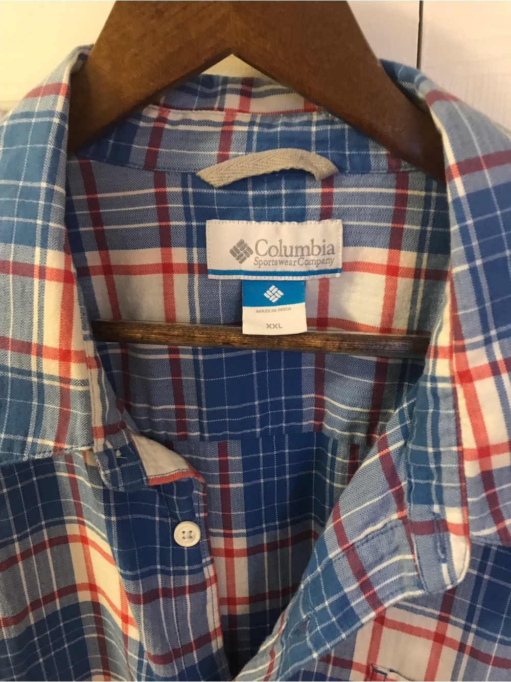 Columbia Blue White and Red Plaid Button-Down Shirt - Picture 2 of 3